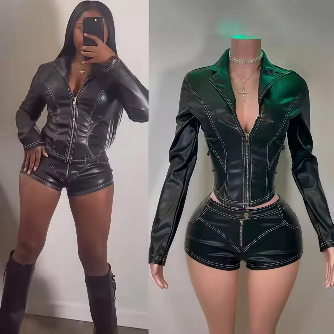 "BULLETPROOF KISSES" Y2K Punk Leather 2-Piece Set – Street-Kill Crop Jacket + Fight-Ready Shorts for Women Who Don't Flinch