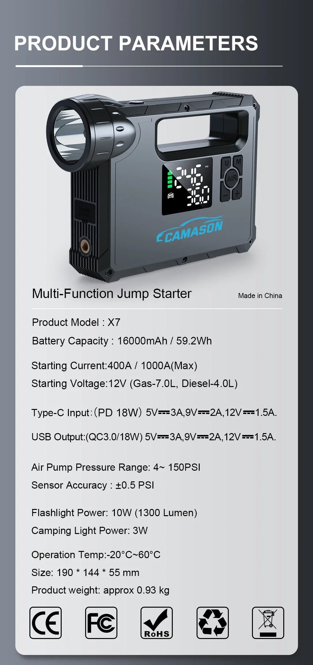 Road Riot X7 – 5-In-1 Car Jump Starter With Air Compressor, Flashlight & Power Bank