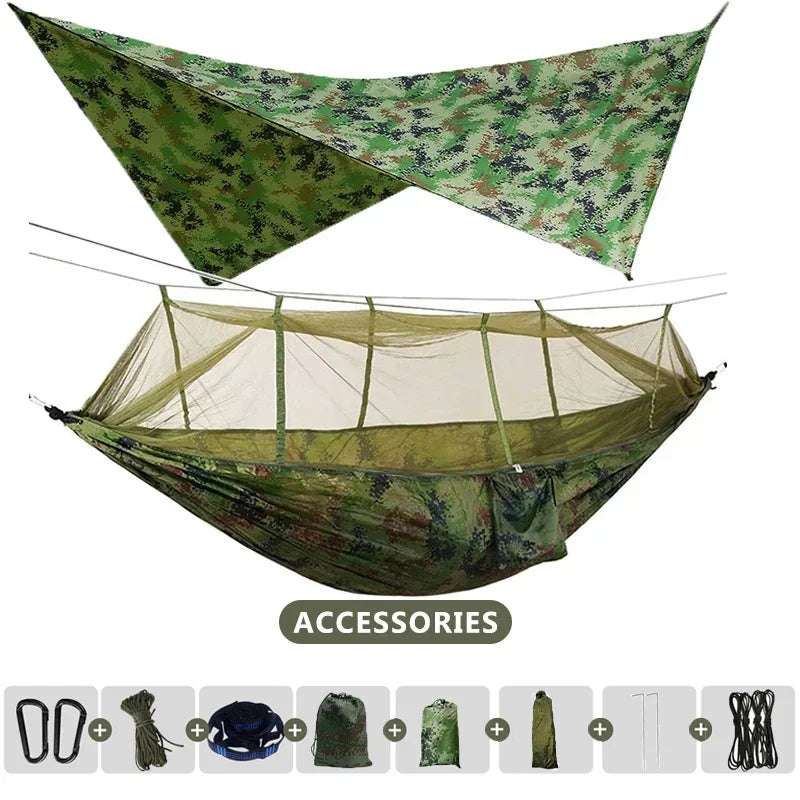 AdventureNest 2-Person Camping Hammock Set – 260x140cm Parachute Hammock with Mosquito Net & Rain Fly Tarp – Ultralight Outdoor Hammock for Travel, Hiking, Backpacking