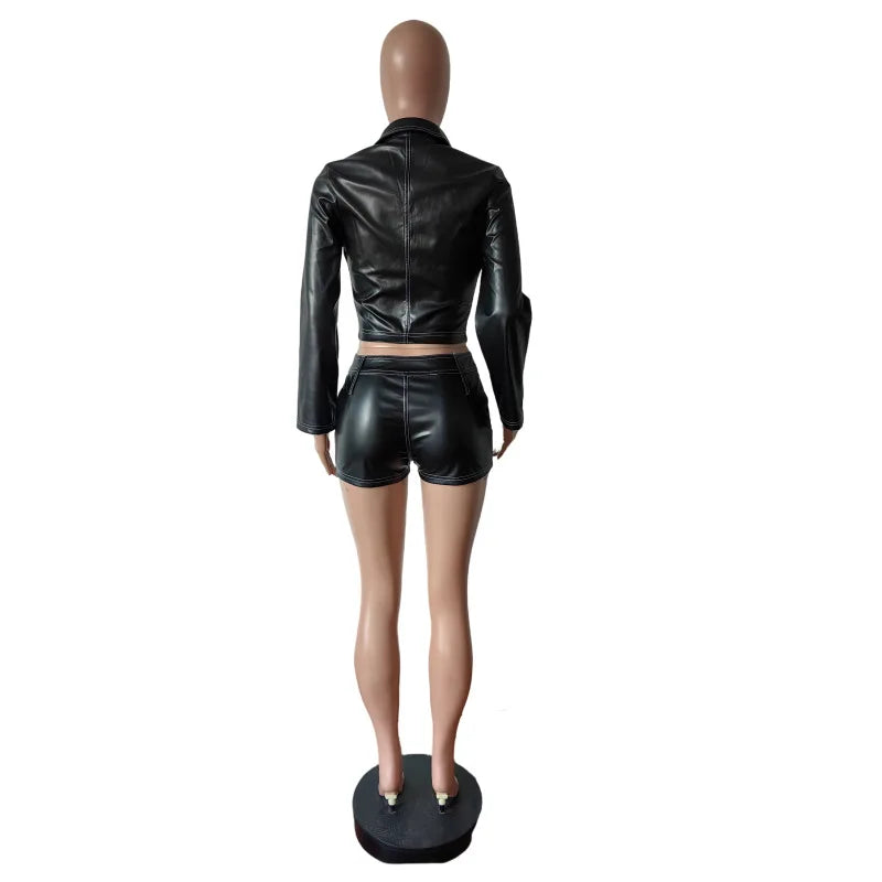 "BULLETPROOF KISSES" Y2K Punk Leather 2-Piece Set – Street-Kill Crop Jacket + Fight-Ready Shorts for Women Who Don't Flinch