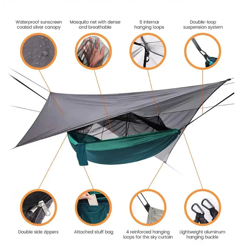 AdventureNest 2-Person Camping Hammock Set – 260x140cm Parachute Hammock with Mosquito Net & Rain Fly Tarp – Ultralight Outdoor Hammock for Travel, Hiking, Backpacking