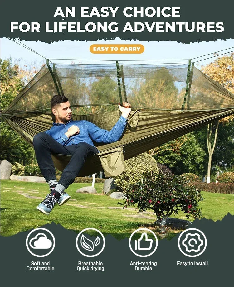 AdventureNest 2-Person Camping Hammock Set – 260x140cm Parachute Hammock with Mosquito Net & Rain Fly Tarp – Ultralight Outdoor Hammock for Travel, Hiking, Backpacking
