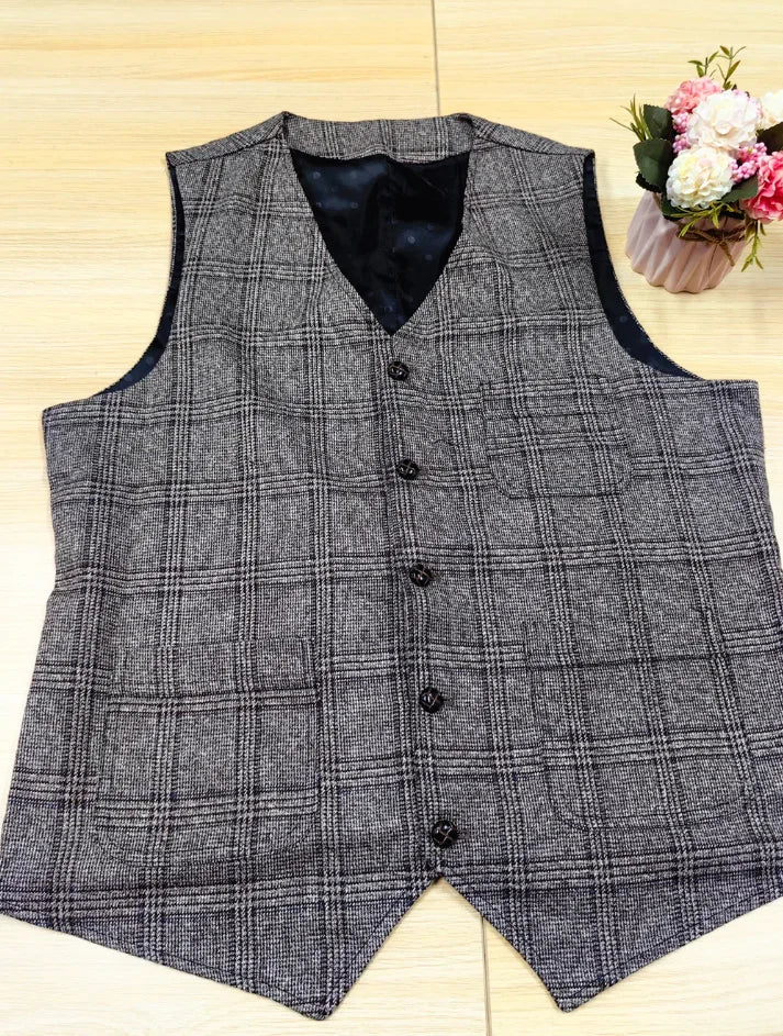 Men’s Vintage Tweed Plaid Vest – Classic Slim Fit Waistcoat for Weddings & Business