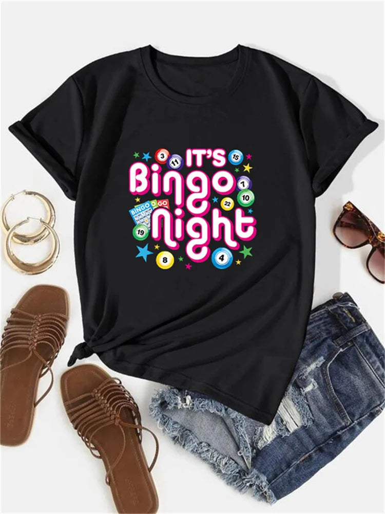 Lucky Bingo Queen Funny Gambling T-Shirt – Women’s Summer Round Neck Tee – High-Stretch Casual Fit