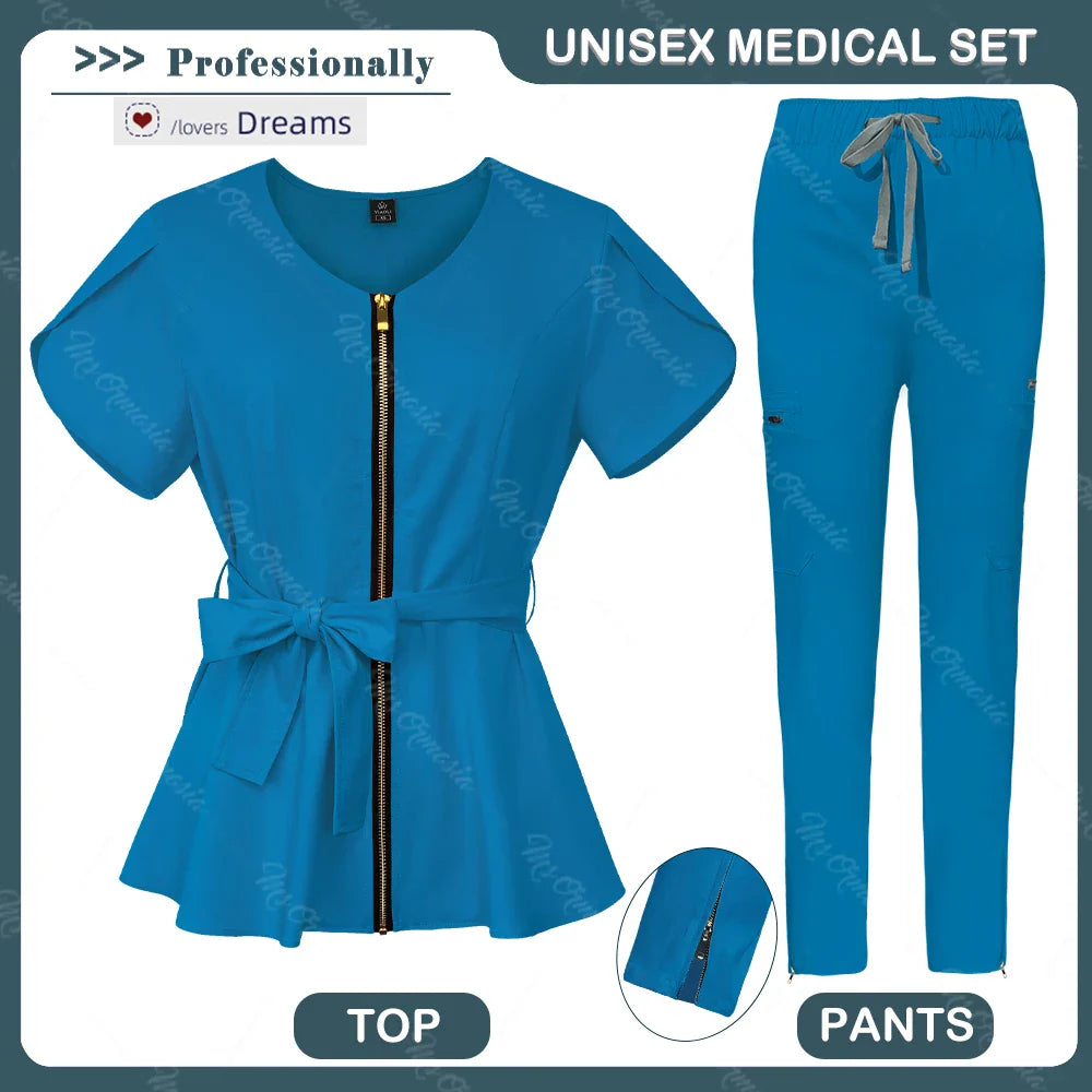 Unisex Medical Scrub Set | Fashionable & Breathable Beauty Salon & Nurse Uniform | Zipper Lapel Design