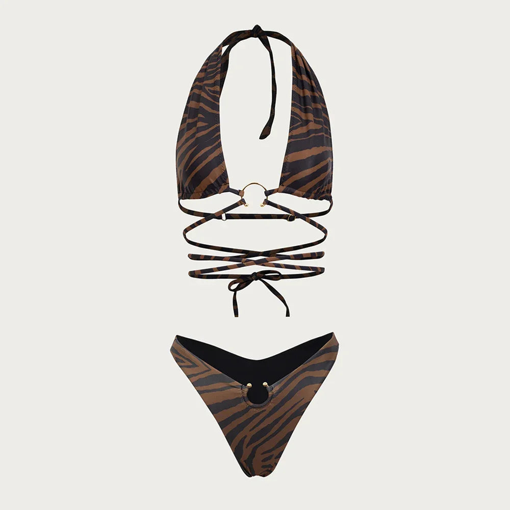 Rogue Tide Halter Micro Bikini Set – Brazilian Patchwork Low-Waist Swimwear