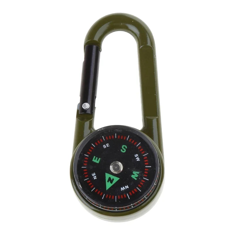 Tactical Survival Tri-Gauge Carabiner — Metal Compass + Thermometer Keychain