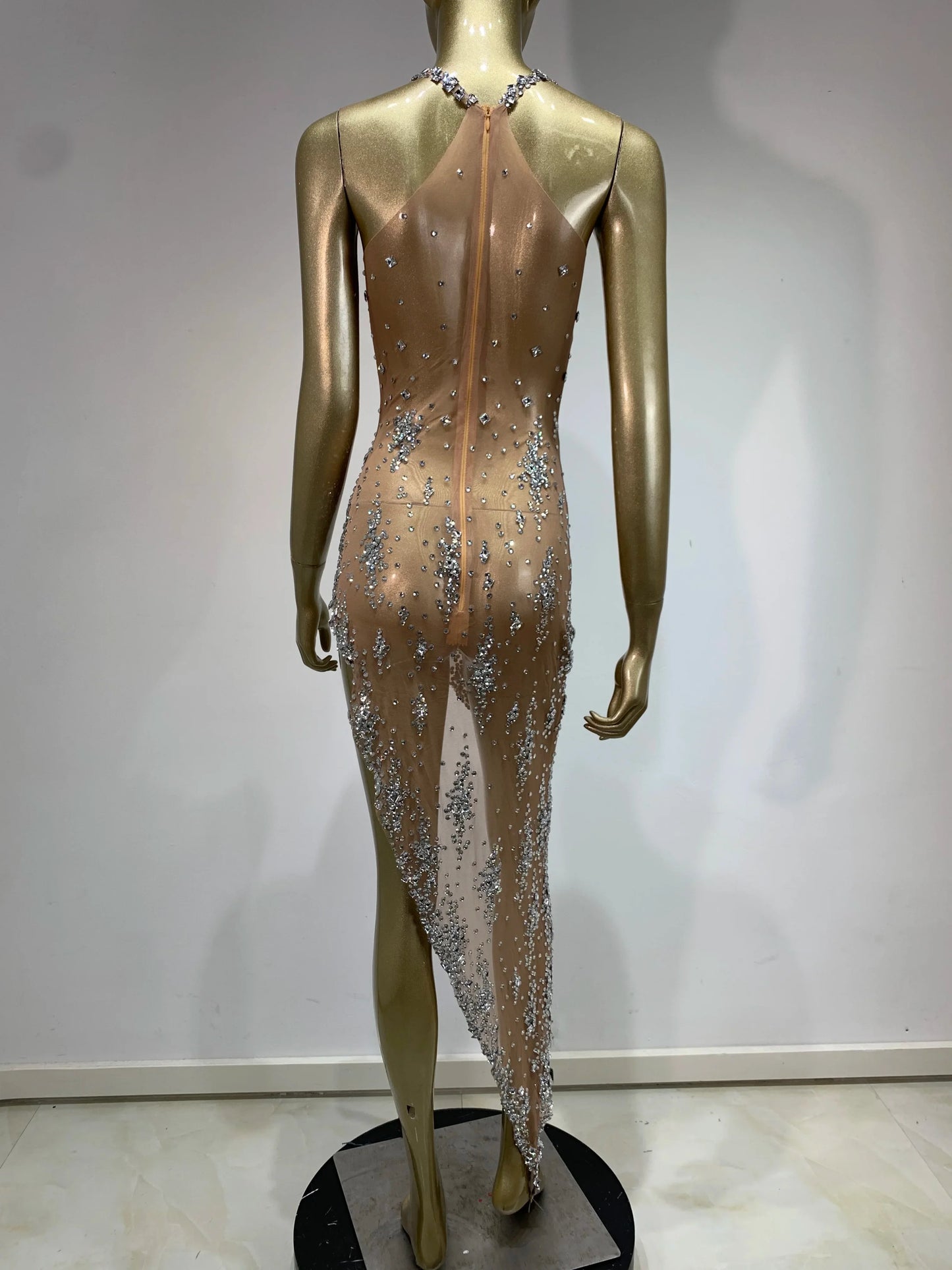 Women's Sparkly Rhinestone Mesh Evening Dress – Sexy Sheer V-Neck Celebrity Birthday Gown