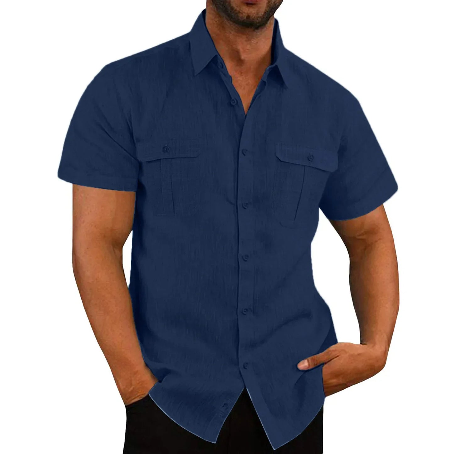 Rogue Wave Cotton Linen Short Sleeve Men’s Shirt – Summer Solid Color Casual Beach Style (M–5XL)