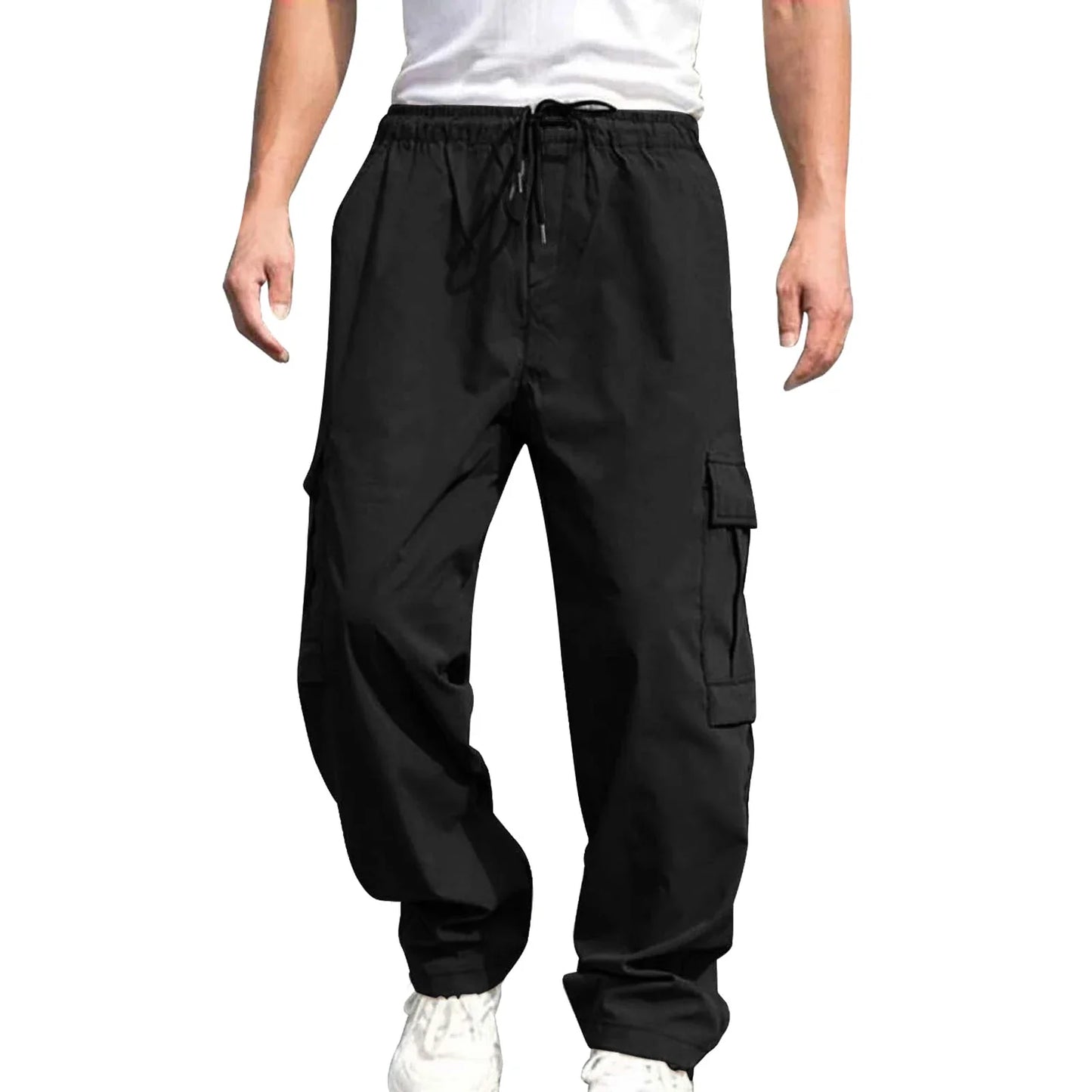 Men’s Loose Cargo Pants – Solid Color Drawstring Waist, Straight Leg Casual Work Trousers with Pockets