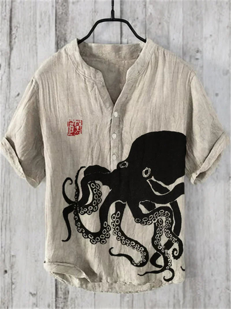 Japanese Water Monster Linen Shirt – Men's Summer Giant Kaiju Print Hawaiian-Style Short Sleeve