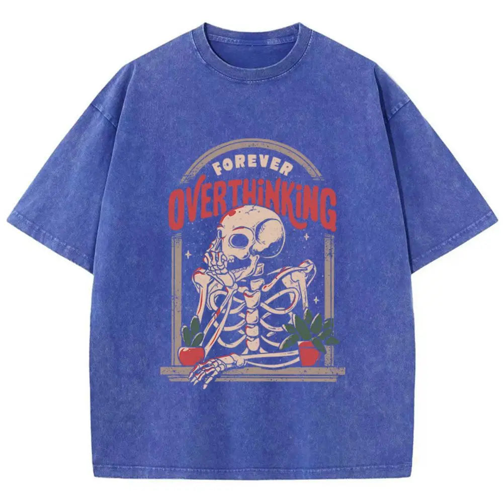 "Deadlines from the Balcony" Oversized Washed Skeleton Graphic Tee – Streetwear Soft Cotton Distressed Metalhead T-Shirt for Women