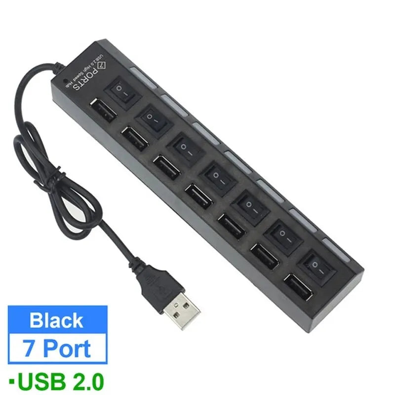 7-Port USB 2.0 Switch Extension Hub – Independent Power Switches, LED Display Lights, Plug & Play Splitter for Laptop & Desktop Devices