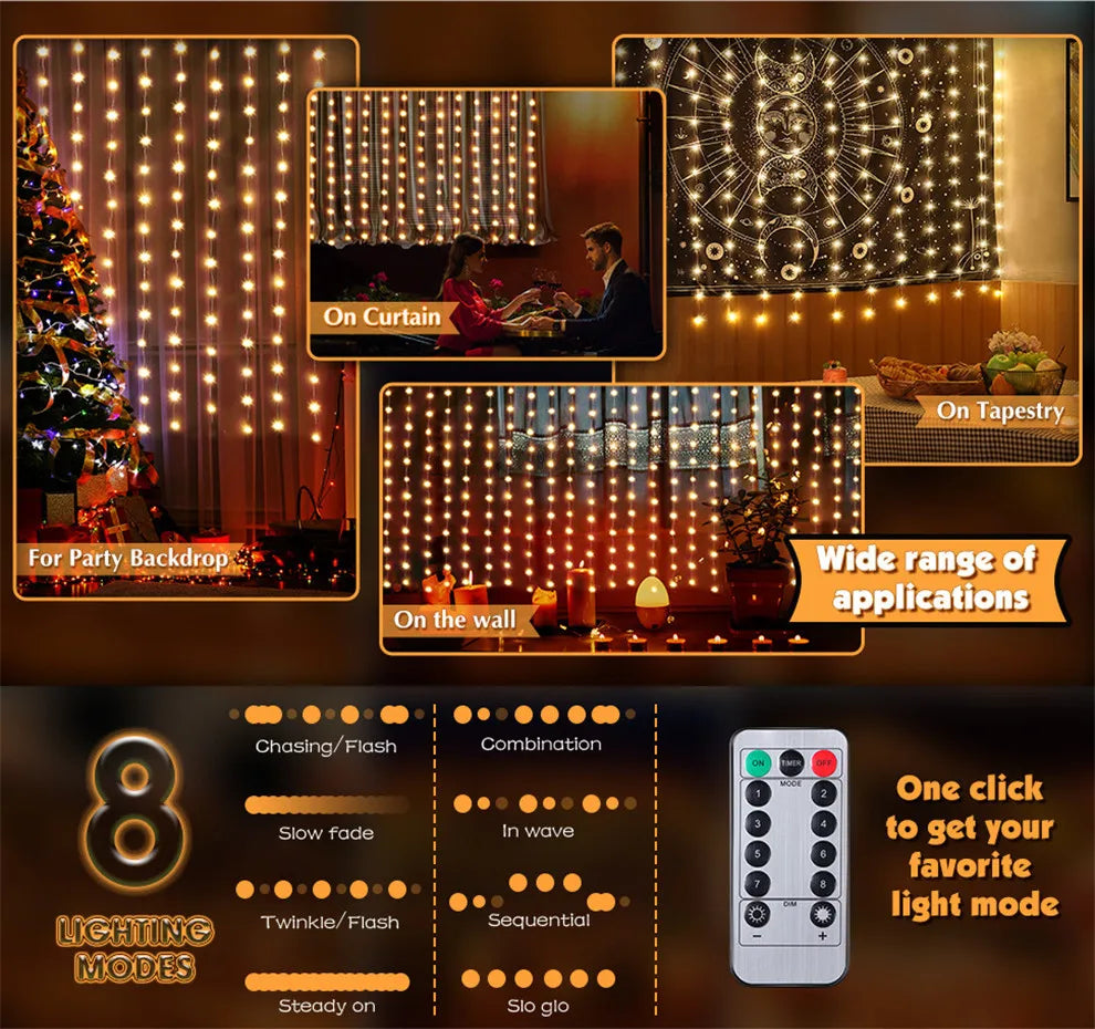 THOOBO! SparkLoom LED Curtain Fairy Lights — 8-Mode USB Remote Festoon String for Christmas, New Year & Home Décor ✨