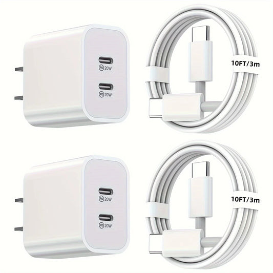 2-Pack 40W PD Fast Charger with 10FT USB-C to USB-C Cable