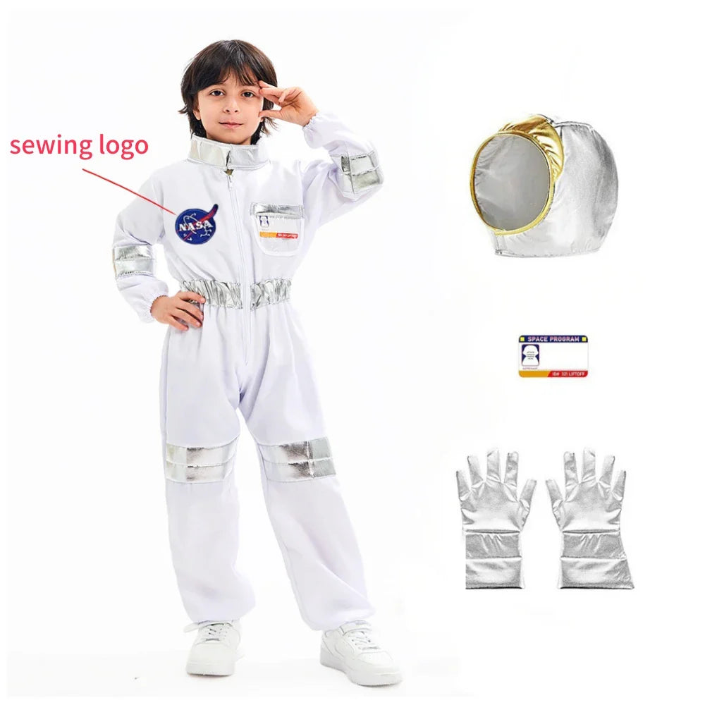 Kids Astronaut Cosplay Jumpsuit Space Party Costume With Gloves White Spaceman Outfit
