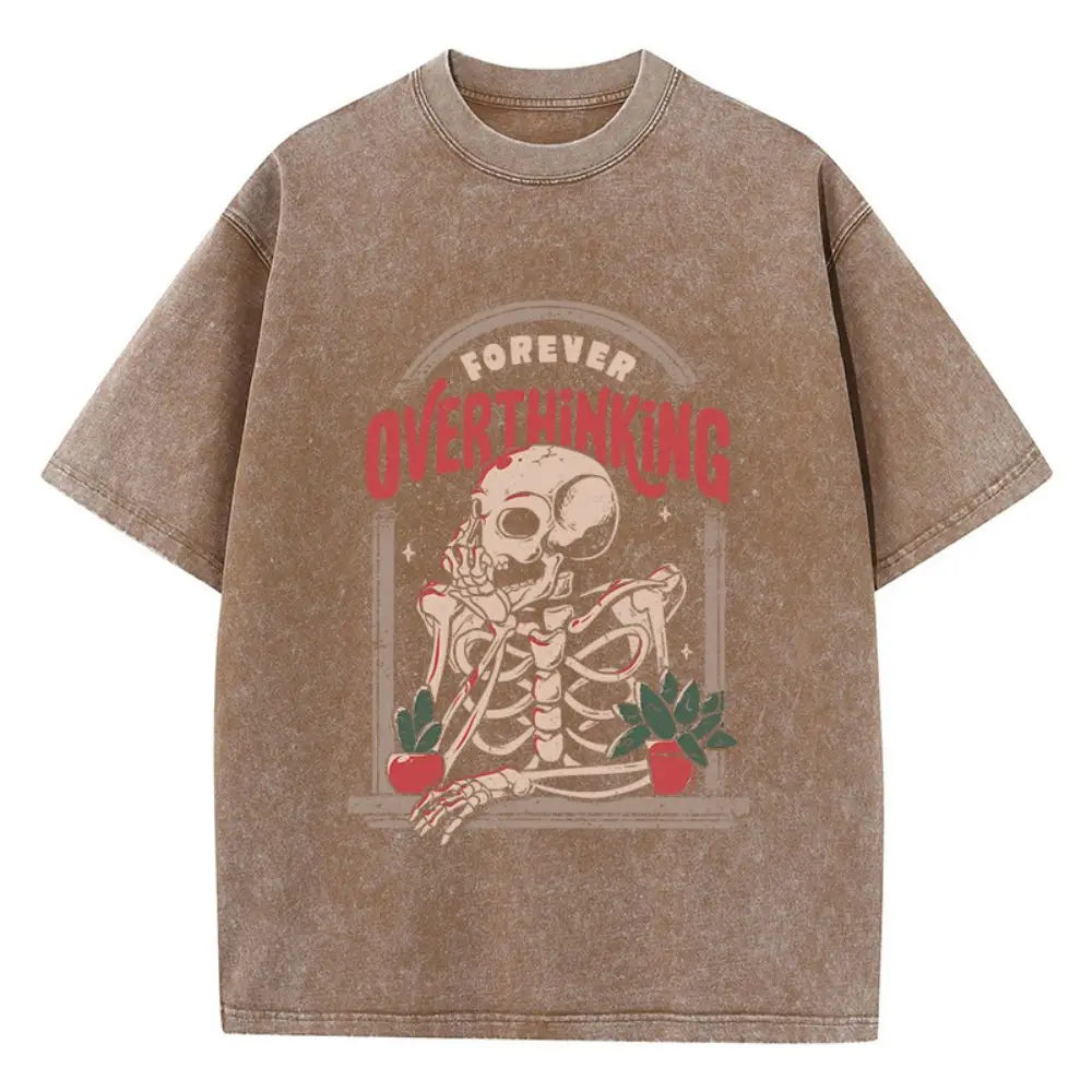 "Deadlines from the Balcony" Oversized Washed Skeleton Graphic Tee – Streetwear Soft Cotton Distressed Metalhead T-Shirt for Women