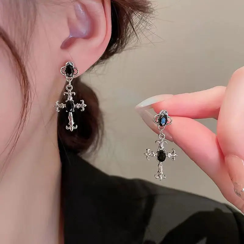Gothic Cross Black Drill Drop Earrings – Punk Halloween Jewelry for Women
