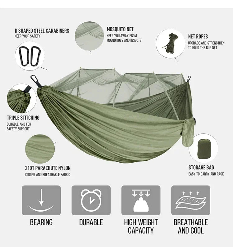 AdventureNest 2-Person Camping Hammock Set – 260x140cm Parachute Hammock with Mosquito Net & Rain Fly Tarp – Ultralight Outdoor Hammock for Travel, Hiking, Backpacking