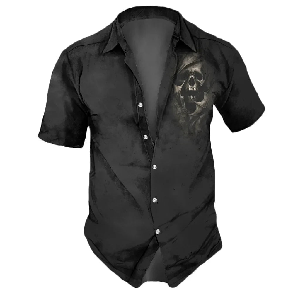 2025 Skull Print Hawaiian Streetwear Shirt Men’s Vintage Lapel Short Sleeve Summer Party Top