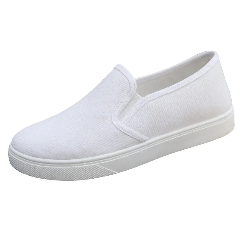 Stage-Dive Slippers – Women’s Breathable White Slip-On Canvas Shoes | Lizard Vigilante Work-To-Gig Flat Cloth Kicks