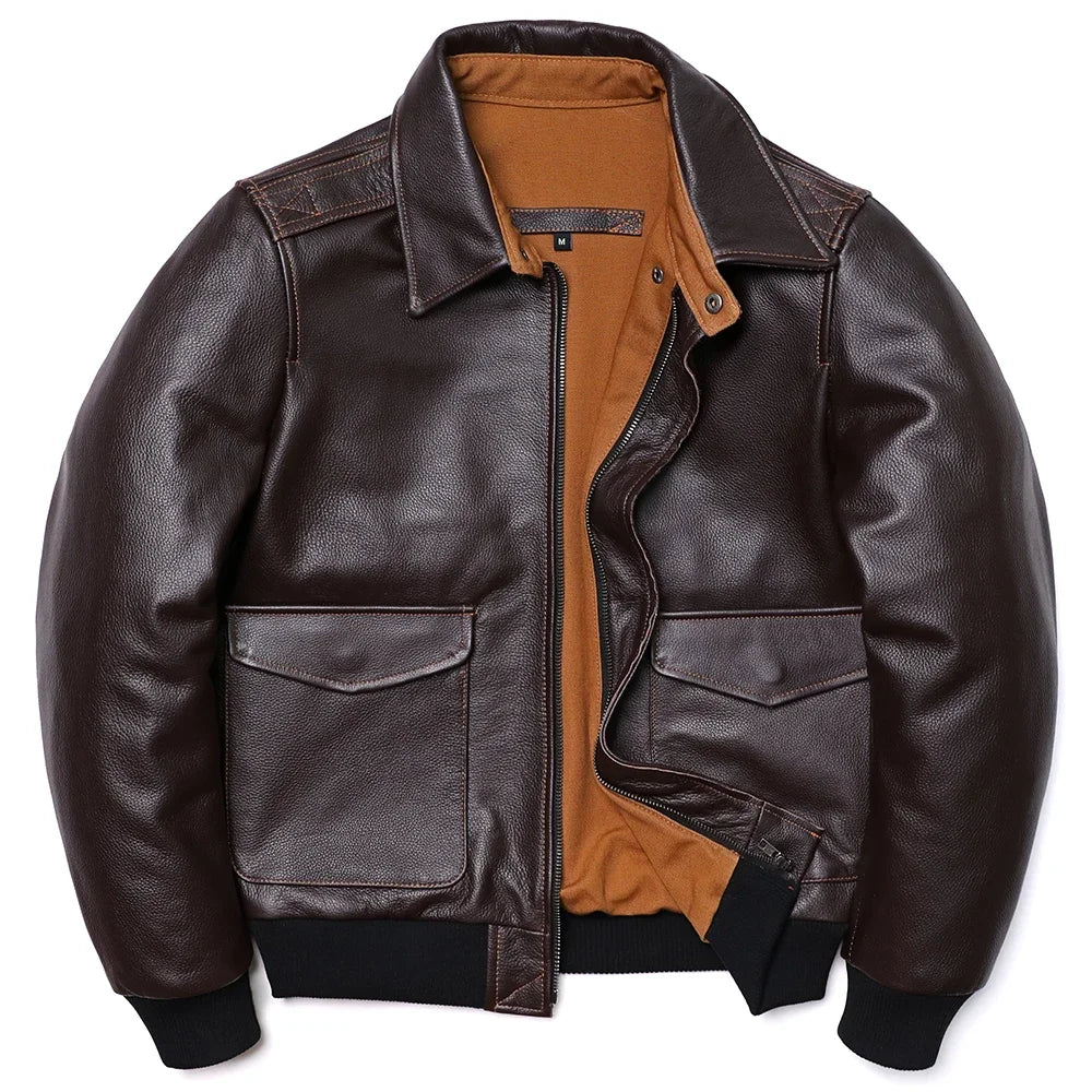 Men's Genuine Leather Jacket – Air Force Cowhide Flight Coat with Turn-Down Collar