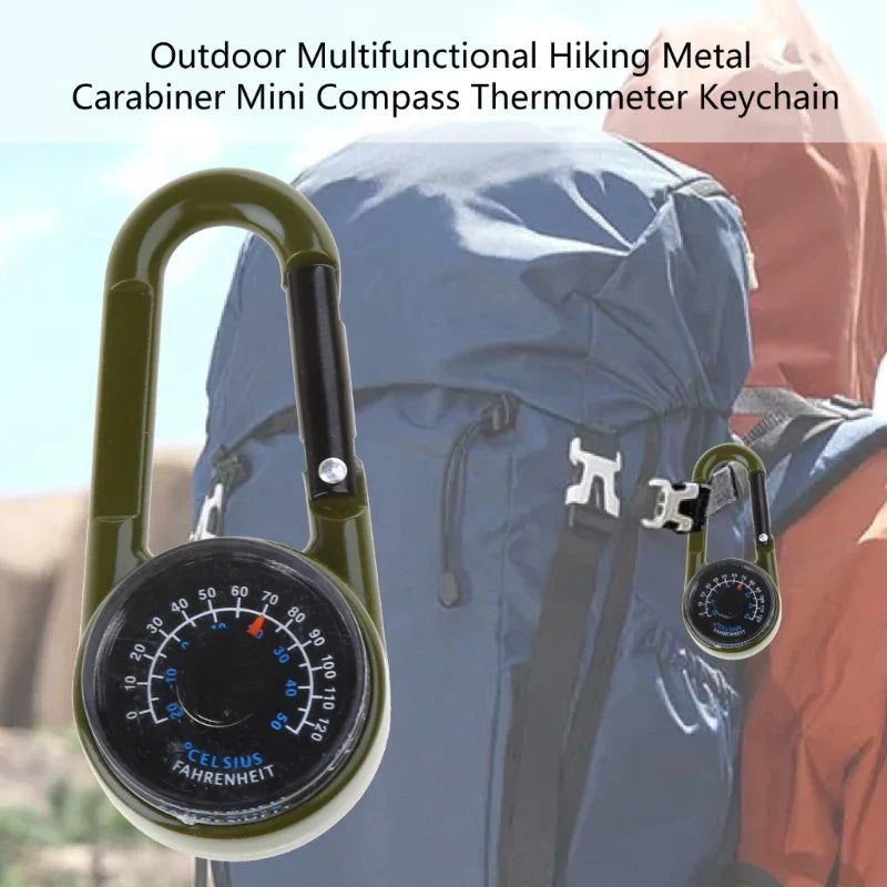 Tactical Survival Tri-Gauge Carabiner — Metal Compass + Thermometer Keychain