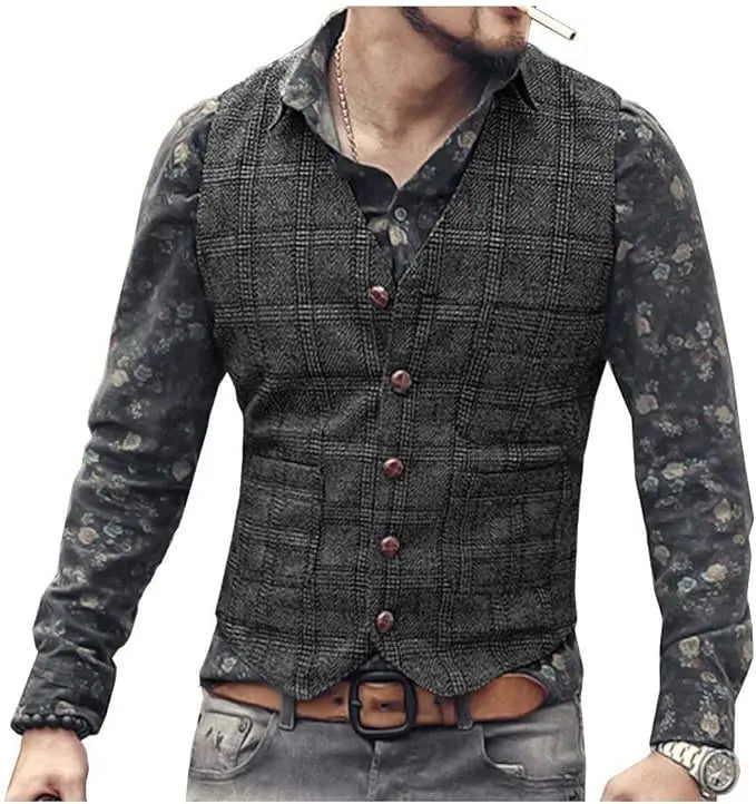 Men’s Vintage Tweed Plaid Vest – Classic Slim Fit Waistcoat for Weddings & Business