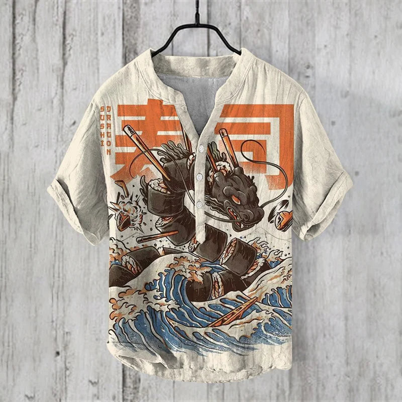 Japanese Water Monster Linen Shirt – Men's Summer Giant Kaiju Print Hawaiian-Style Short Sleeve