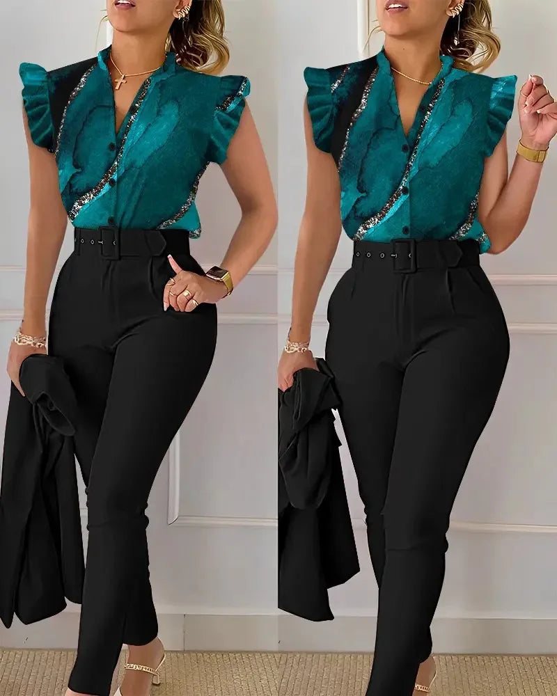 Women's Elegant Floral Slim Two-Piece Set - V-Neck Flying Sleeve Top & High-Waist Pencil Pants with Sash Belt