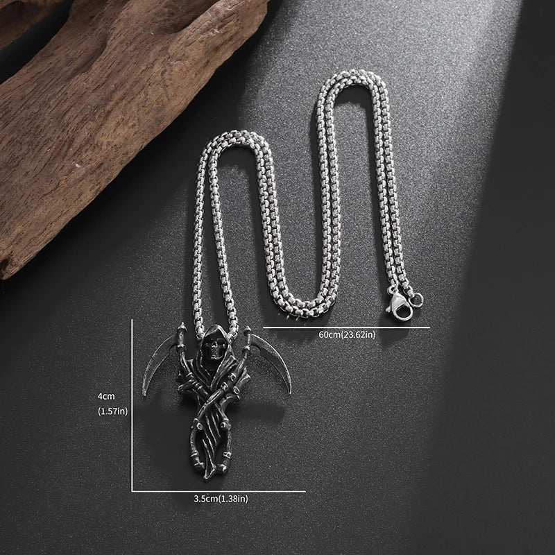 Grim Reaper Scythe Necklace — Hellfire Gothic Pendant for Men & Women, Punk Rock Demon Amulet for Biker & Halloween Vibes
