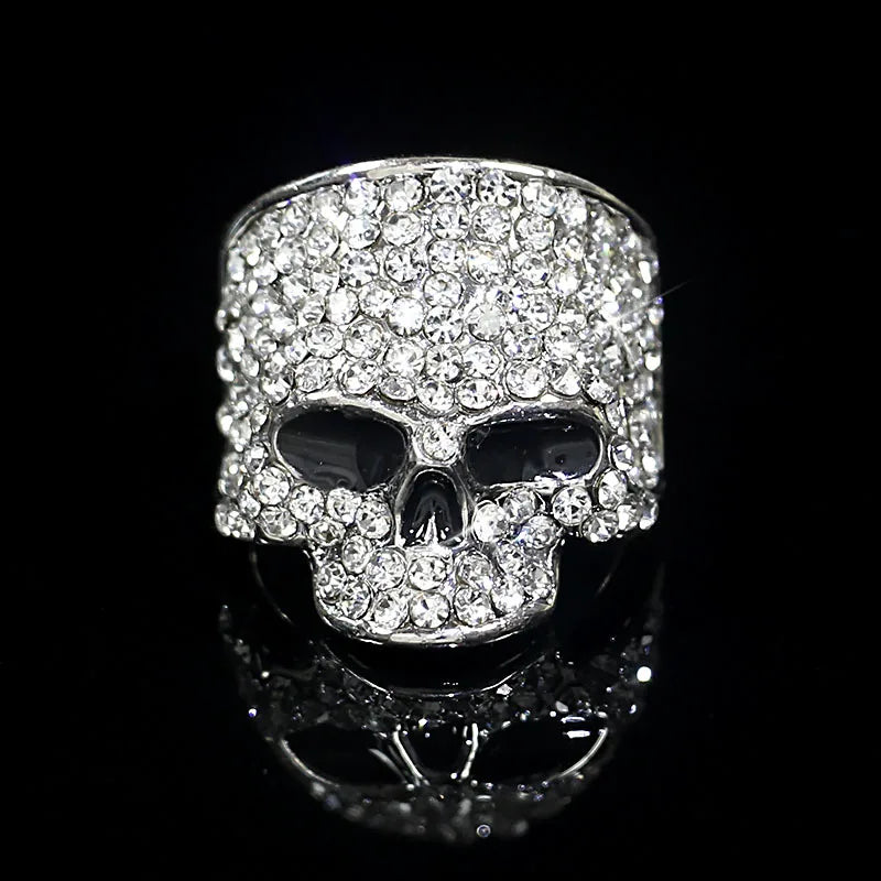 FishSheep Men's Punk Hip-Hop Austrian Crystal Skull Ring | Rhinestone Biker Ring | Fashionable Skeleton Jewelry for Rock Style and Parties