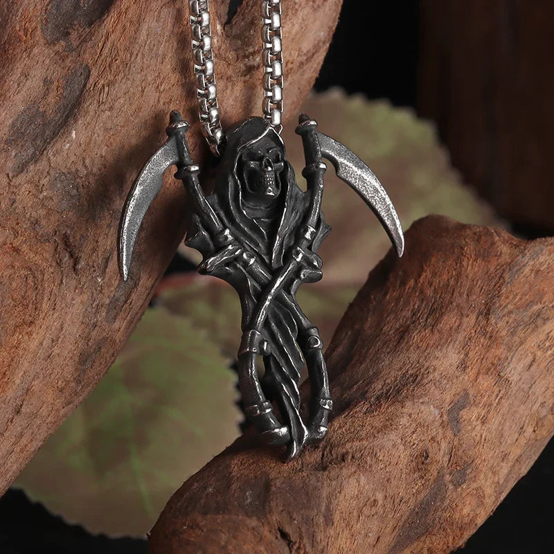Grim Reaper Scythe Necklace — Hellfire Gothic Pendant for Men & Women, Punk Rock Demon Amulet for Biker & Halloween Vibes