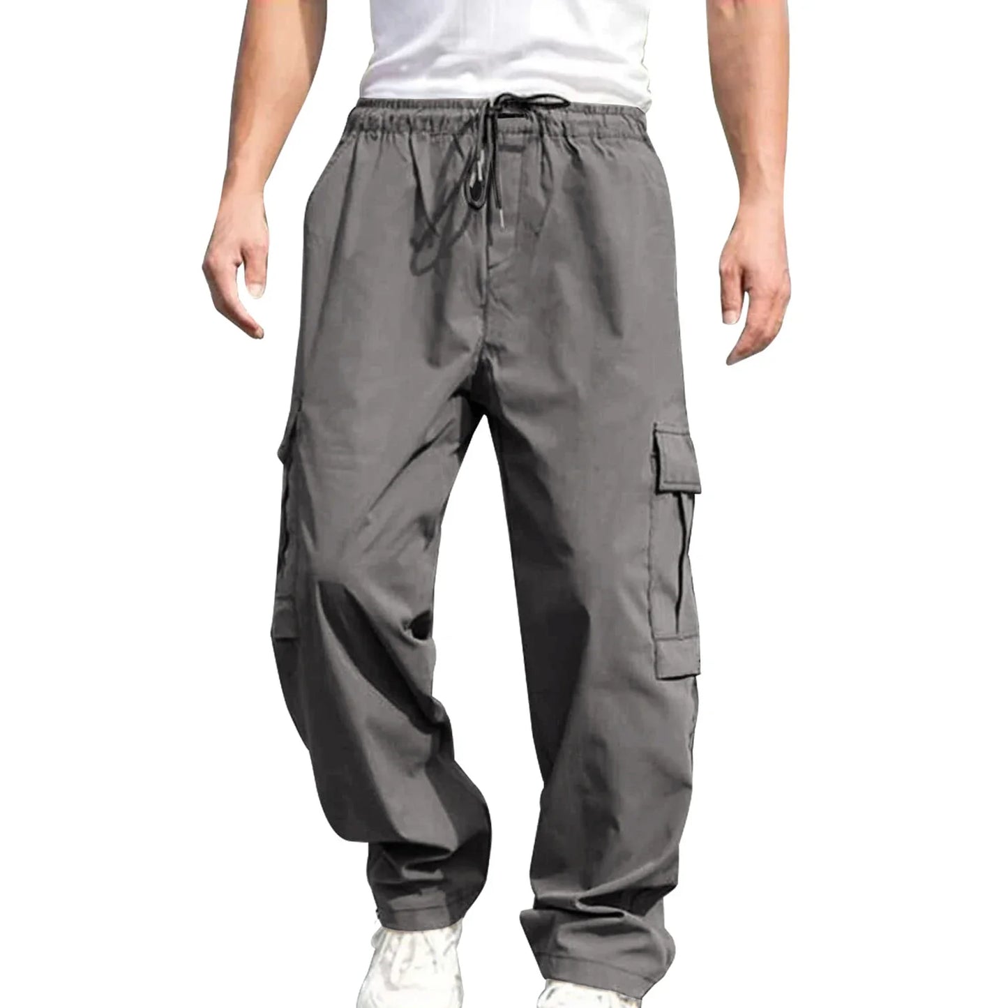 Men’s Loose Cargo Pants – Solid Color Drawstring Waist, Straight Leg Casual Work Trousers with Pockets