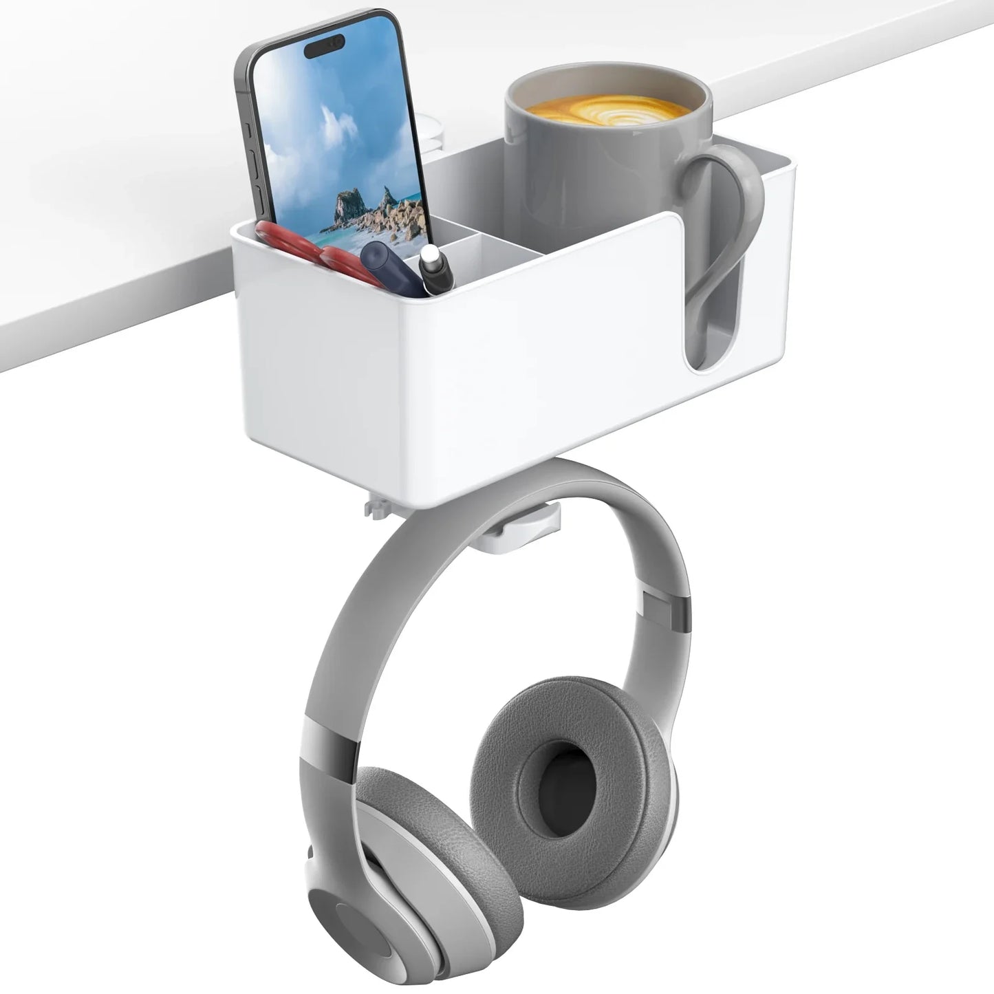 4-in-1 Desk Headphone Hanger Clamp, Rotating Storage with Cup Holder & Pen Holder – Under Desk Organizer for Gaming, Office, and Home Use