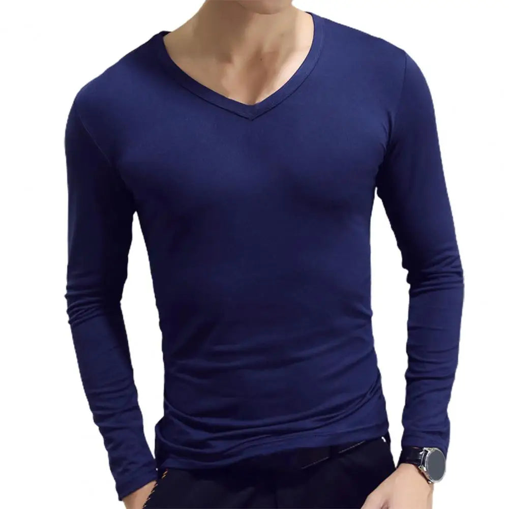 Men's Sports Gym Long Sleeve Slim Fit V-Neck T-Shirt – Solid Color Casual Fitness Base Shirt for Autumn & Winter