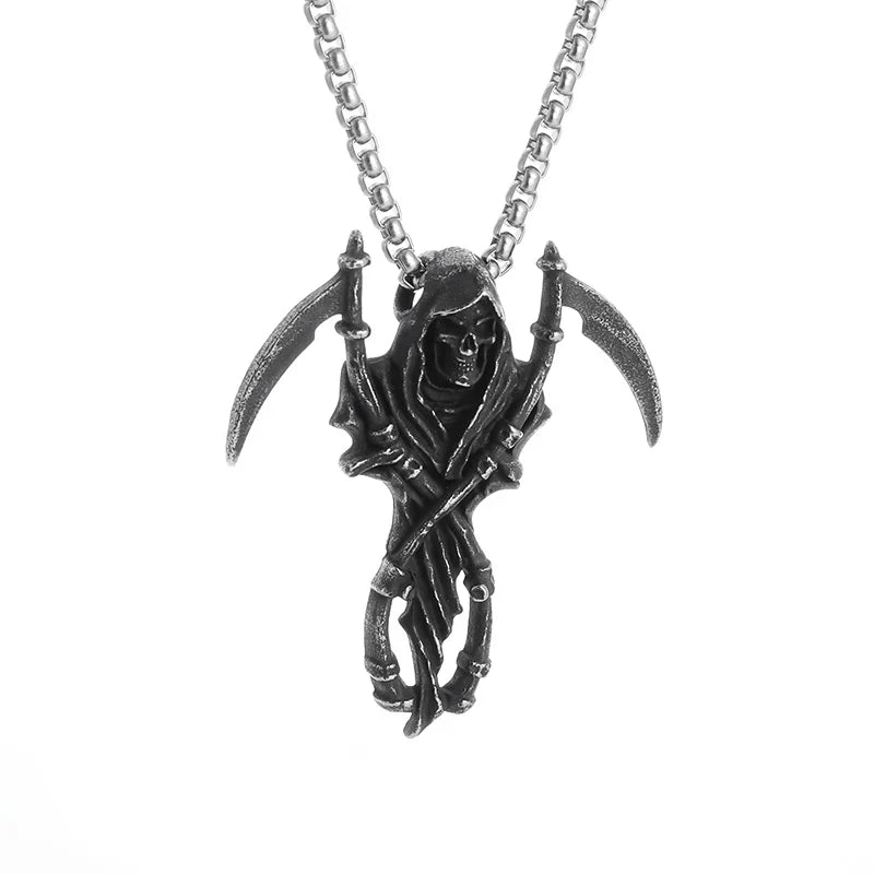 Grim Reaper Scythe Necklace — Hellfire Gothic Pendant for Men & Women, Punk Rock Demon Amulet for Biker & Halloween Vibes