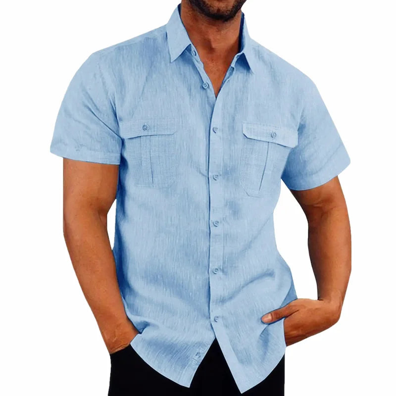 Rogue Wave Cotton Linen Short Sleeve Men’s Shirt – Summer Solid Color Casual Beach Style (M–5XL)