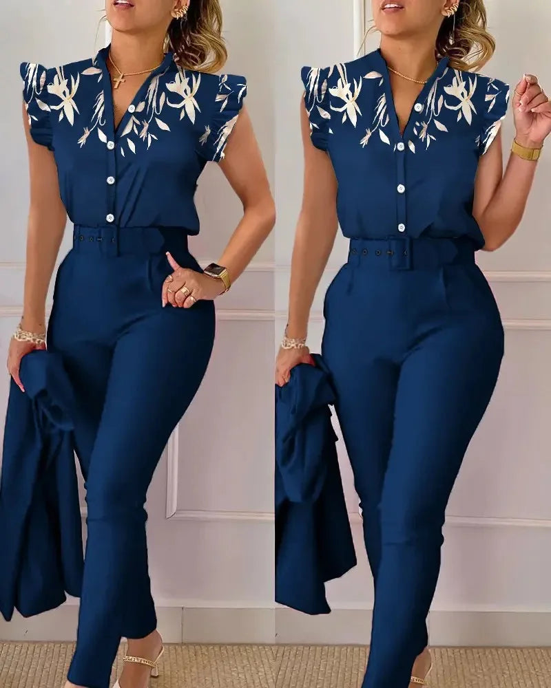 Women's Elegant Floral Slim Two-Piece Set - V-Neck Flying Sleeve Top & High-Waist Pencil Pants with Sash Belt
