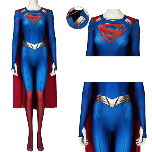 Supernova Showdown Ultra-Fitted Super Girl Cosplay Suit with Cape – Hollywood Metal Party Jumpsuit