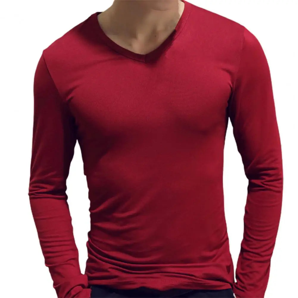 Men's Sports Gym Long Sleeve Slim Fit V-Neck T-Shirt – Solid Color Casual Fitness Base Shirt for Autumn & Winter