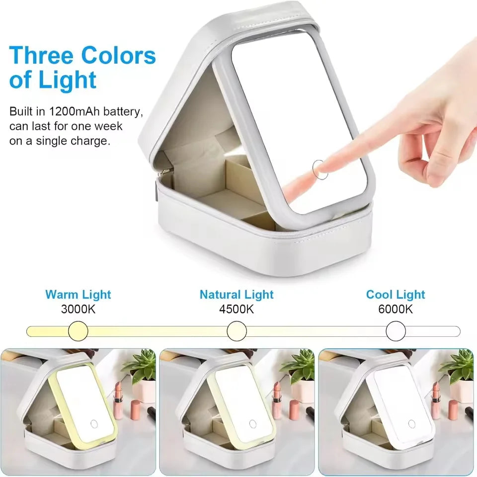 THOOBO! GlowVault Rechargeable LED Makeup Mirror Travel Case – 3-Color Light, Smart Cosmetic Storage Box, Ultra-Portable Beauty Companion