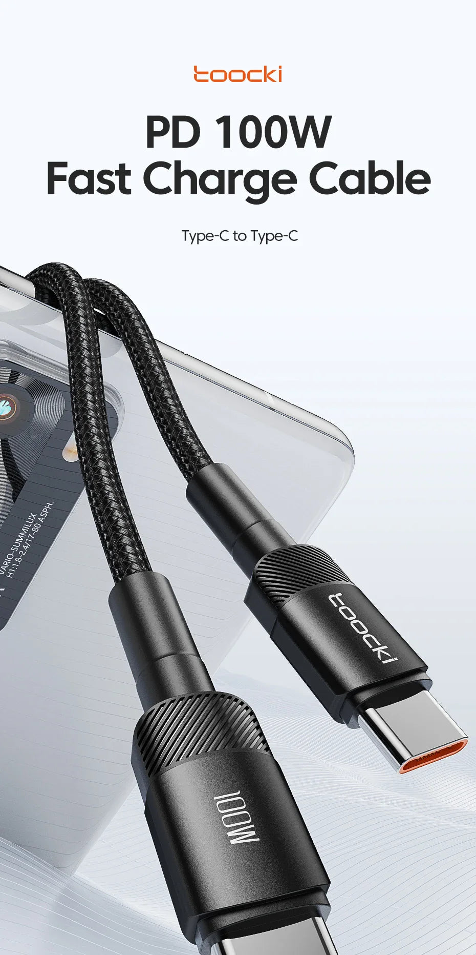 Toocki 100W USB-C to USB-C Fast Charging Cable – PD 3.0 & QC 4.0 High-Speed Charger for iPhone 15, MacBook, Samsung & More ⚡📱💻