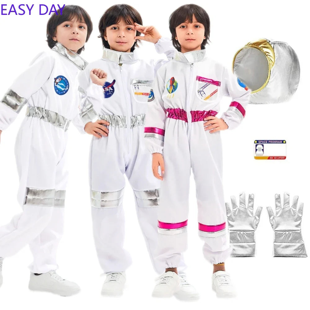 Kids Astronaut Cosplay Jumpsuit Space Party Costume With Gloves White Spaceman Outfit