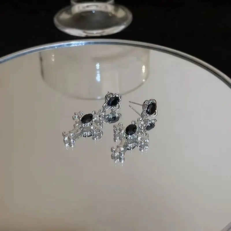 Gothic Cross Black Drill Drop Earrings – Punk Halloween Jewelry for Women