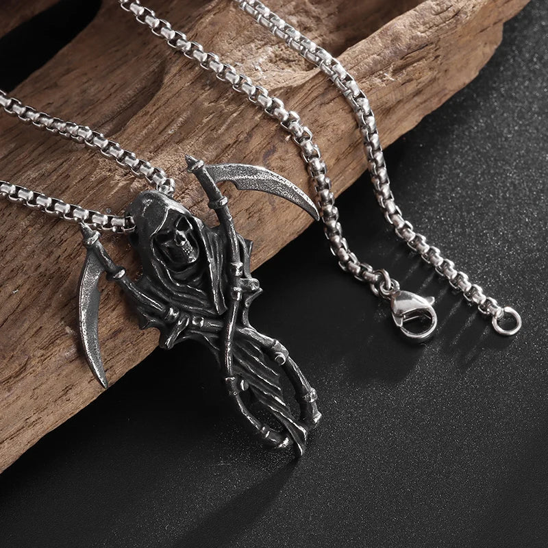 Grim Reaper Scythe Necklace — Hellfire Gothic Pendant for Men & Women, Punk Rock Demon Amulet for Biker & Halloween Vibes