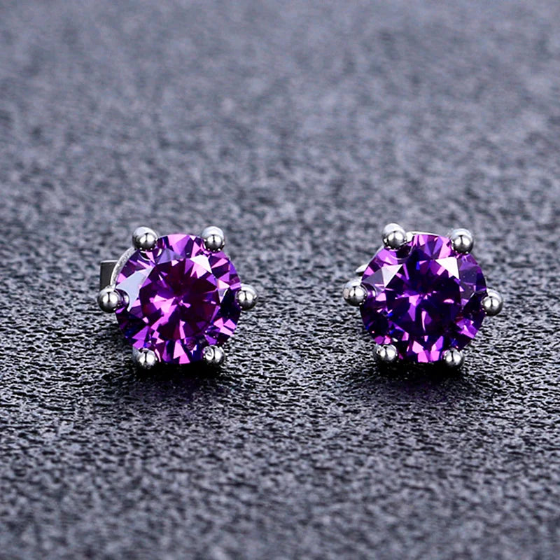 Twilight Spark Amethyst Studs – radiant round-cut silver earrings for weddings, nights out & everyday magic