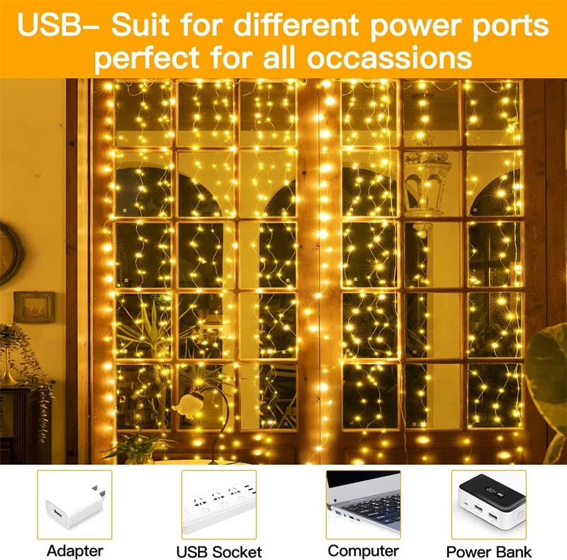 THOOBO! SparkLoom LED Curtain Fairy Lights — 8-Mode USB Remote Festoon String for Christmas, New Year & Home Décor ✨