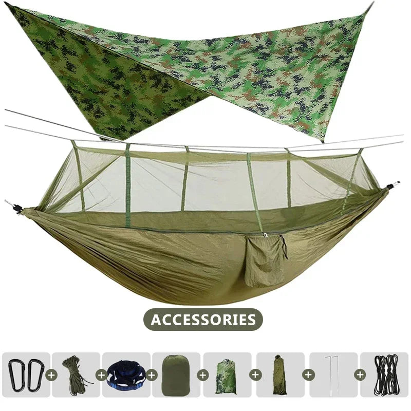 AdventureNest 2-Person Camping Hammock Set – 260x140cm Parachute Hammock with Mosquito Net & Rain Fly Tarp – Ultralight Outdoor Hammock for Travel, Hiking, Backpacking
