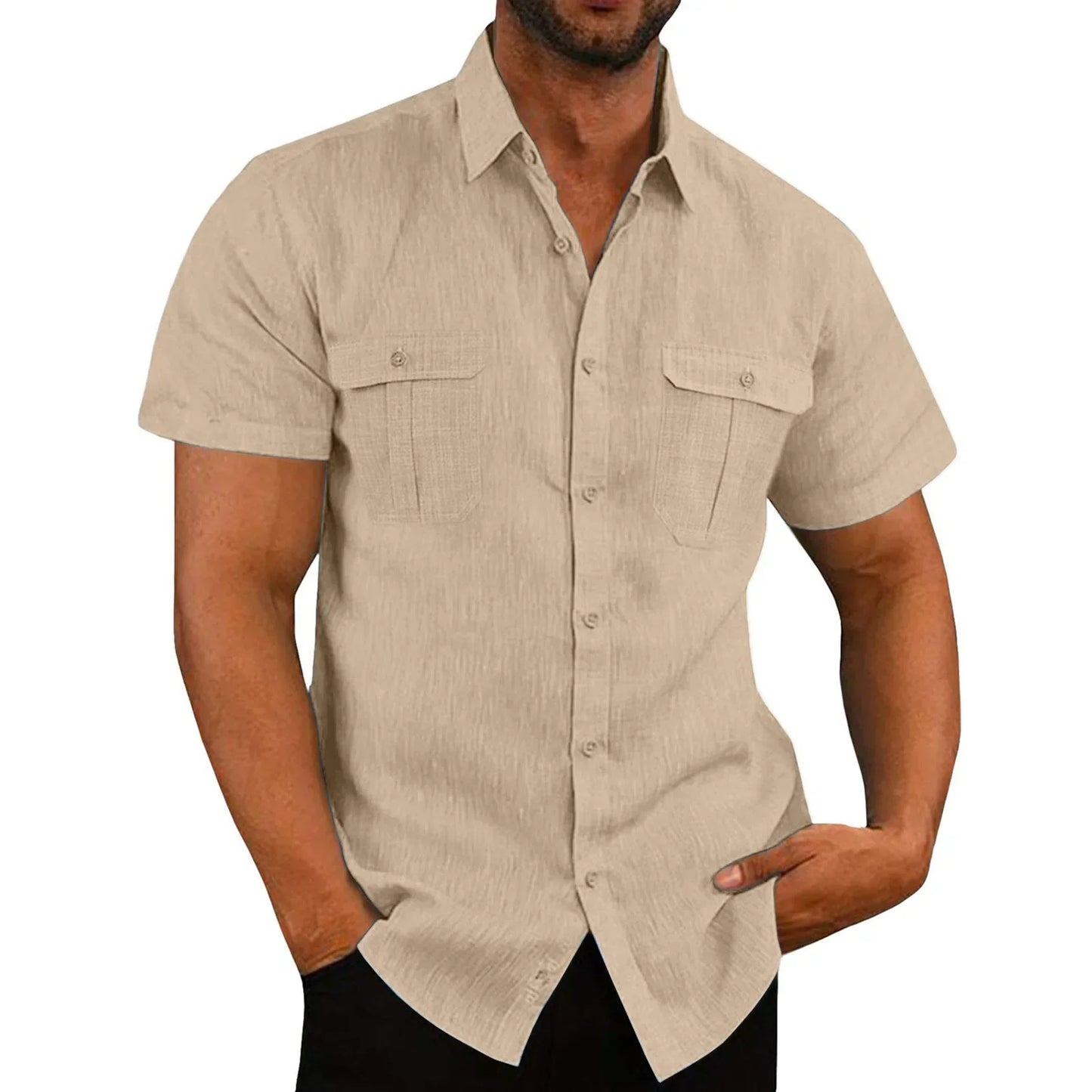 Rogue Wave Cotton Linen Short Sleeve Men’s Shirt – Summer Solid Color Casual Beach Style (M–5XL)